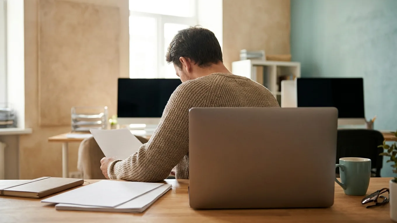 A person beside a laptop and blank notes in a softly lit workspace.