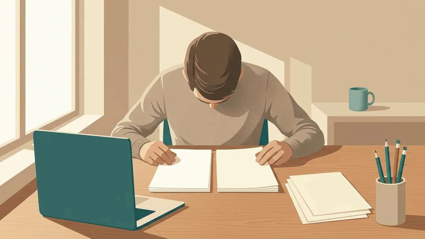 A person beside a laptop and blank notes in a softly lit workspace.