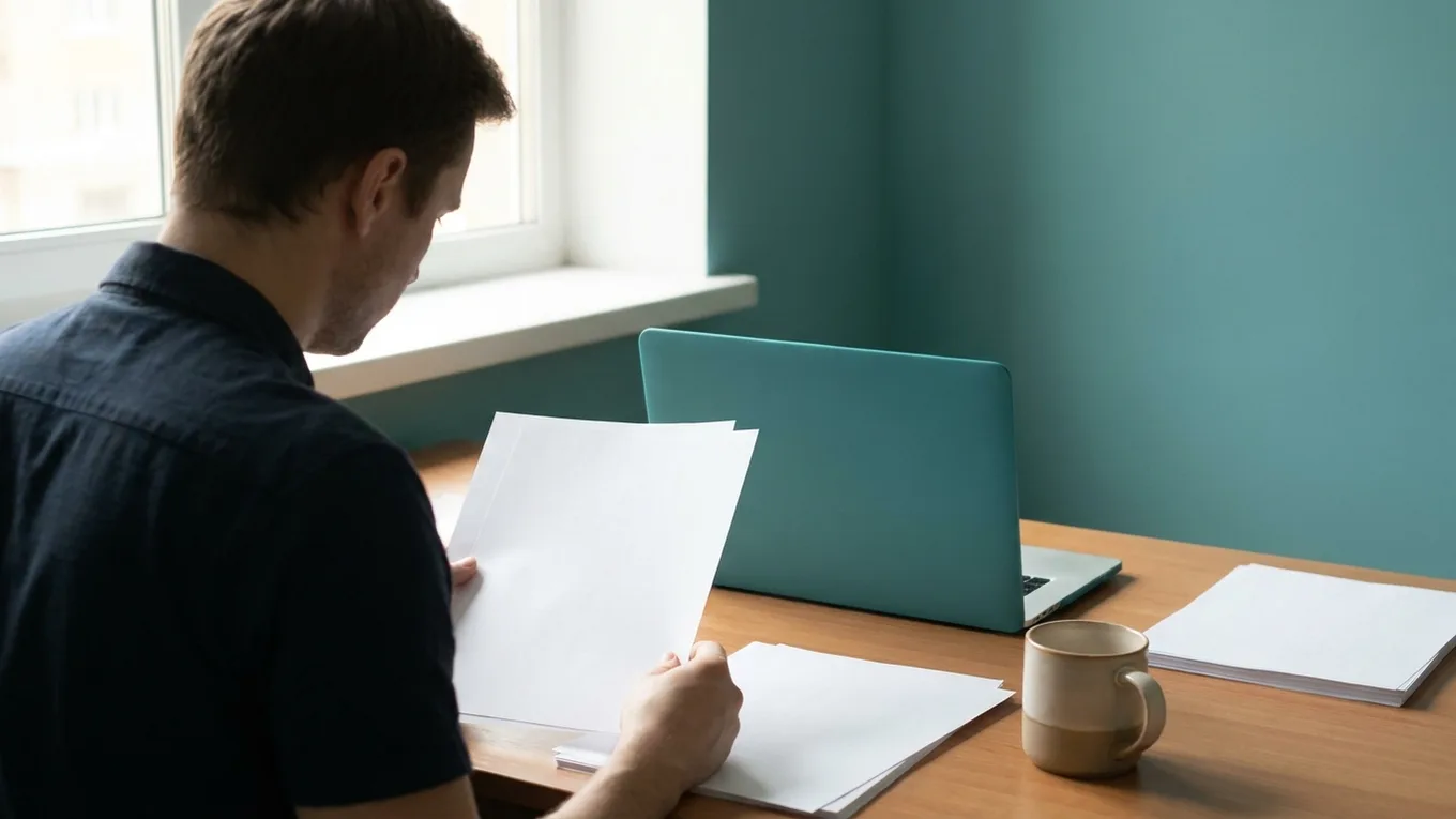 A person beside a laptop and blank notes in a softly lit workspace.