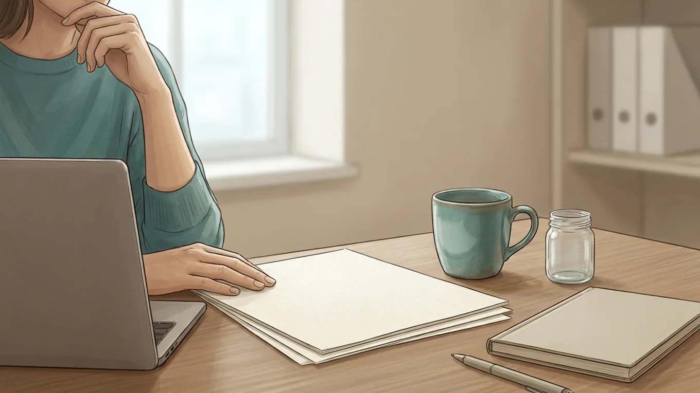A hand paused beside a closed laptop and blank paper.