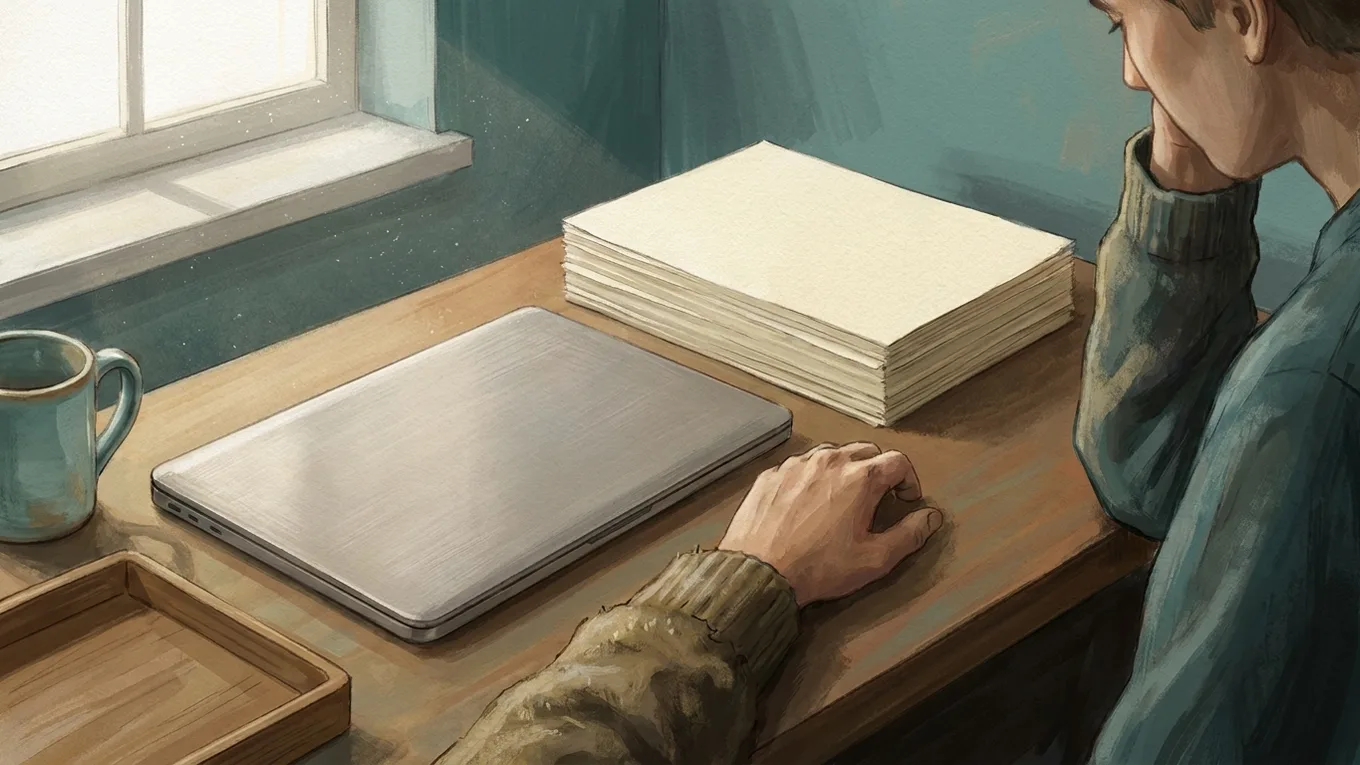 Uma mão parada ao lado de um laptop fechado e de papel em branco.