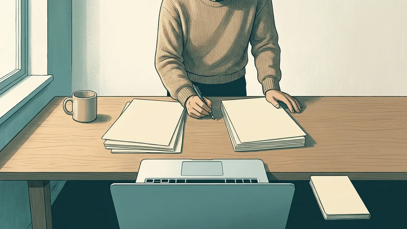 लैपटॉप पर काम करता एक व्यक्ति, जिसकी स्क्रीन दर्शक की ओर नहीं है।