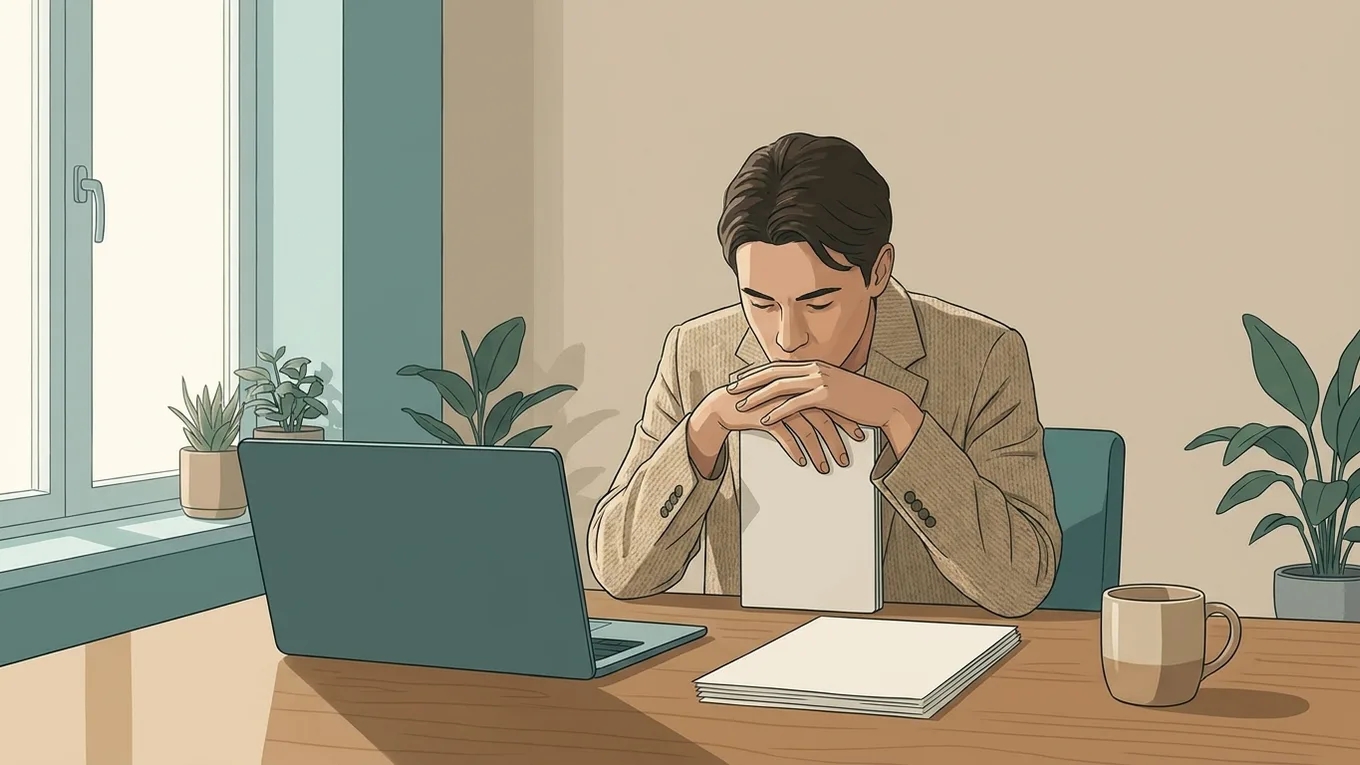 A person beside a laptop and blank notes in a softly lit workspace.