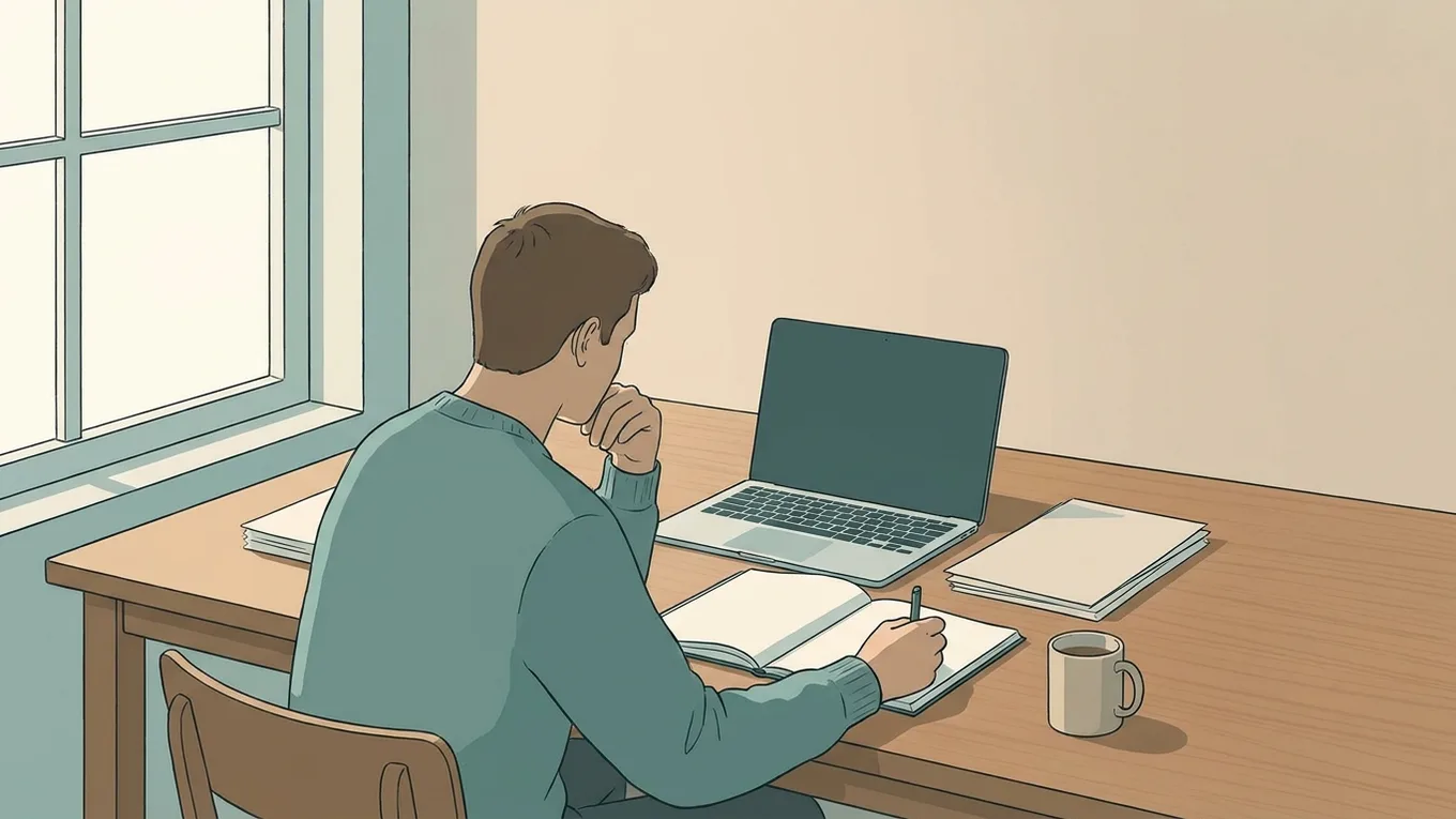 A person working at a laptop with its screen facing away from the viewer.