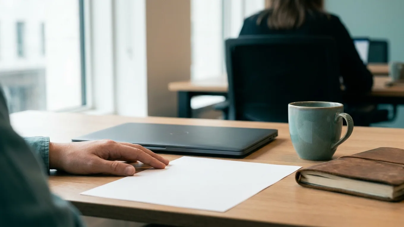 A hand paused beside a closed laptop and blank paper.