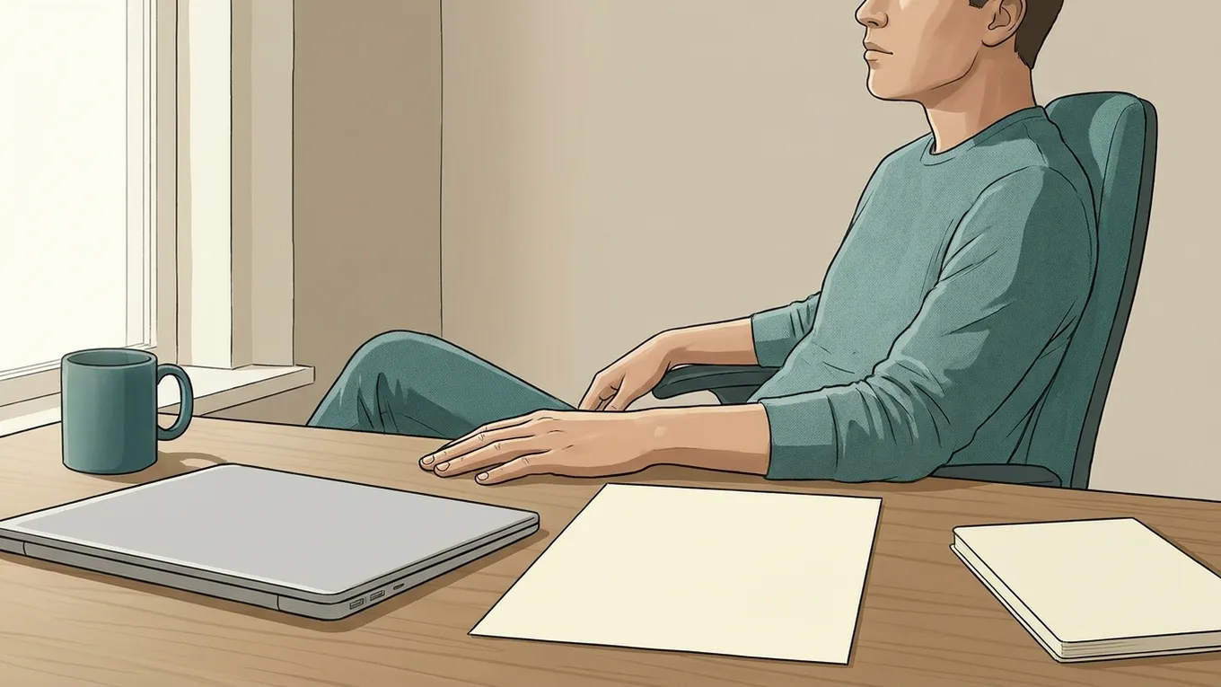 A hand paused beside a closed laptop and blank paper.