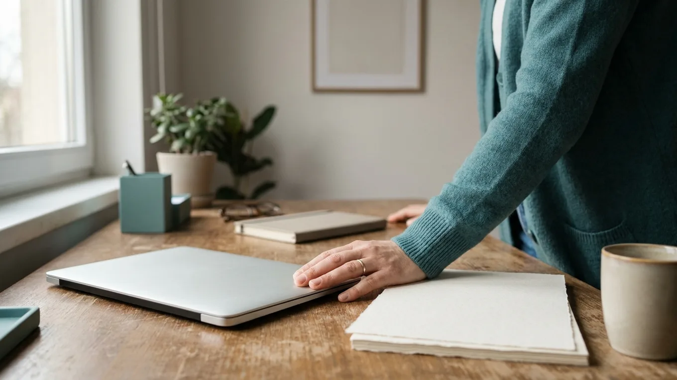 A hand paused beside a closed laptop and blank paper.