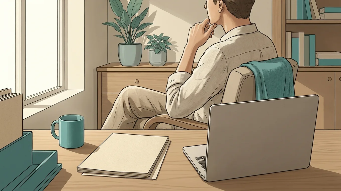 A person beside a laptop and blank notes in a softly lit workspace.