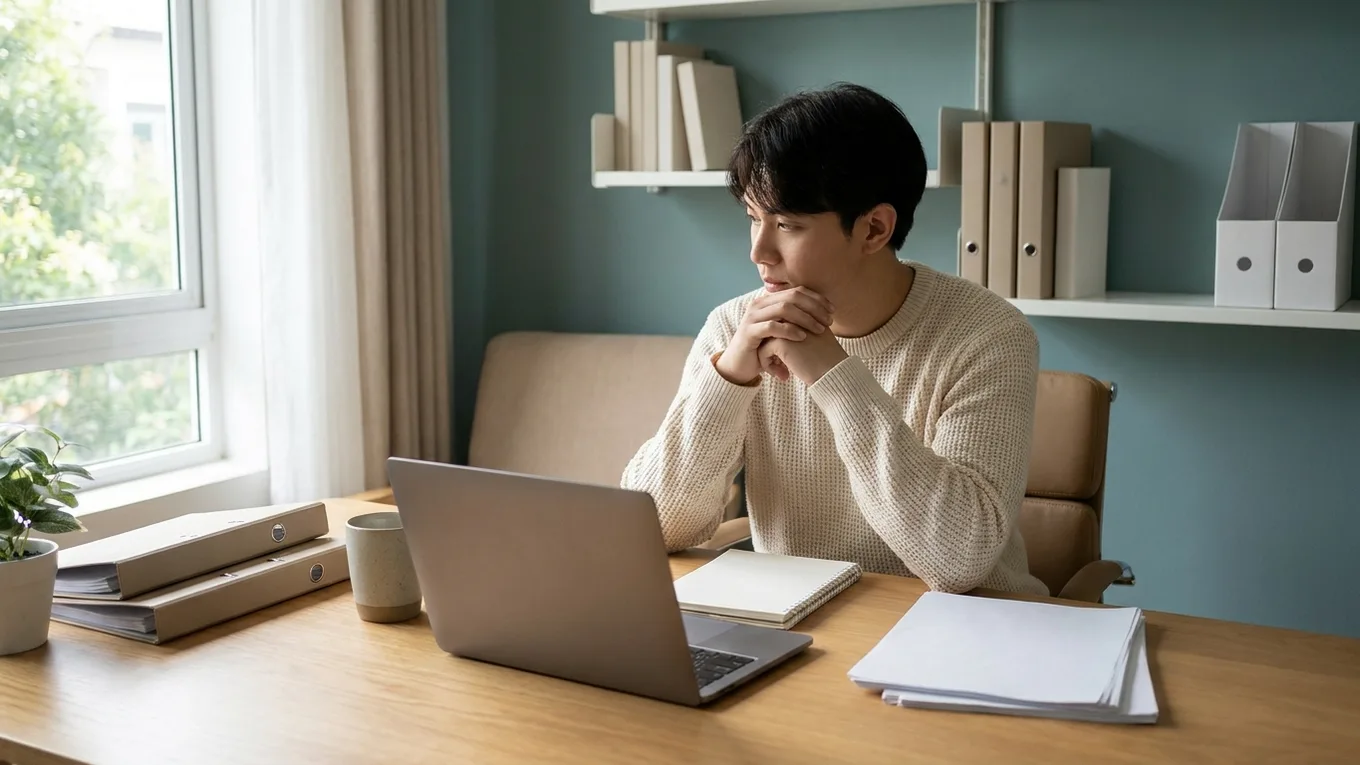 Uma pessoa ao lado de um laptop e de anotações em branco, em um espaço de trabalho com iluminação suave.