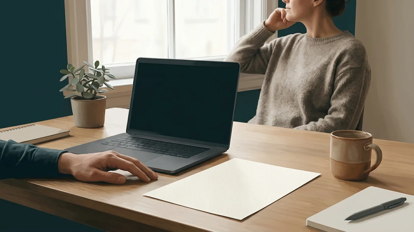A hand paused beside a closed laptop and blank paper.