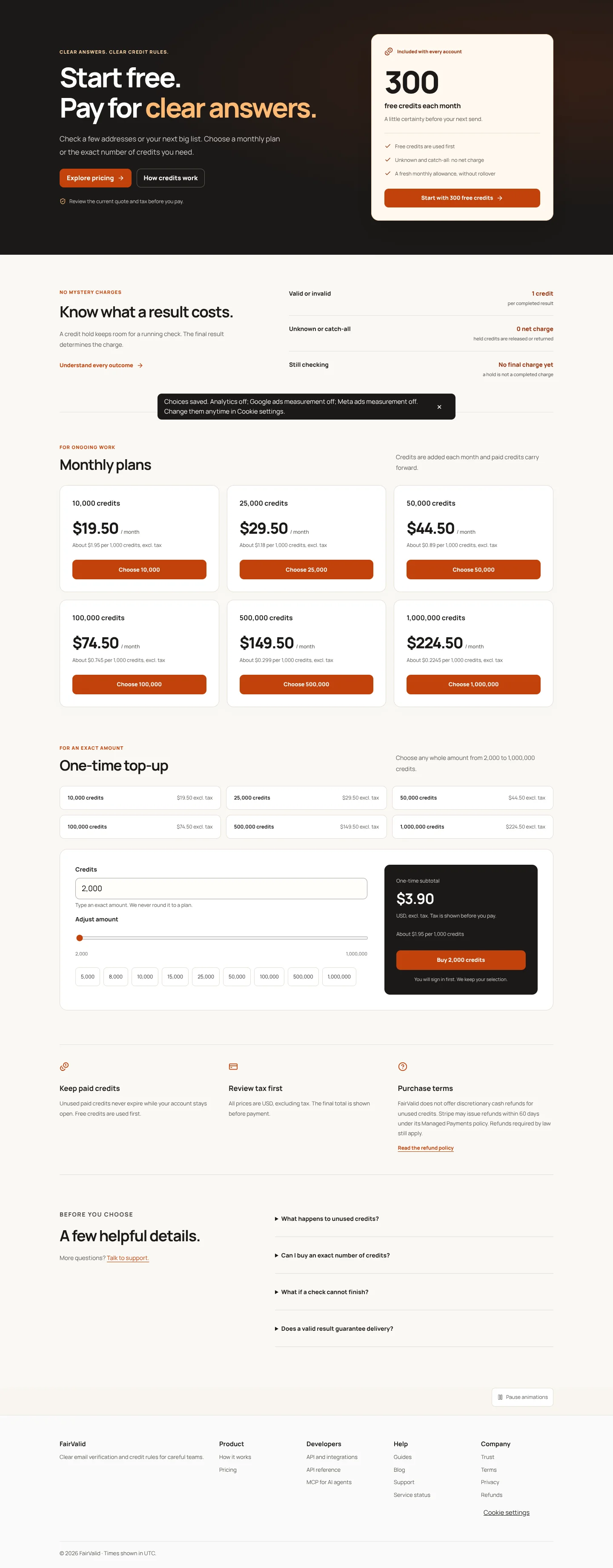 Screenshot: Email verification pricing | FairValid