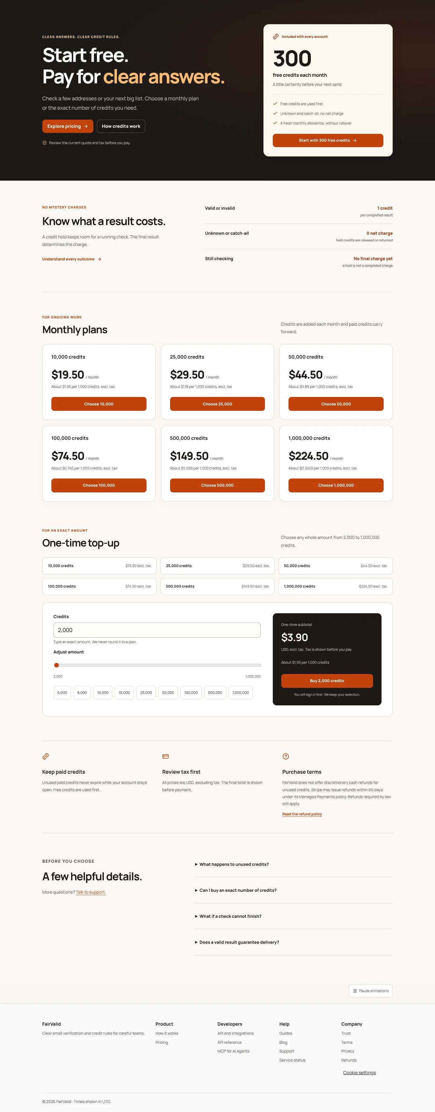 Screenshot: Email verification pricing | FairValid