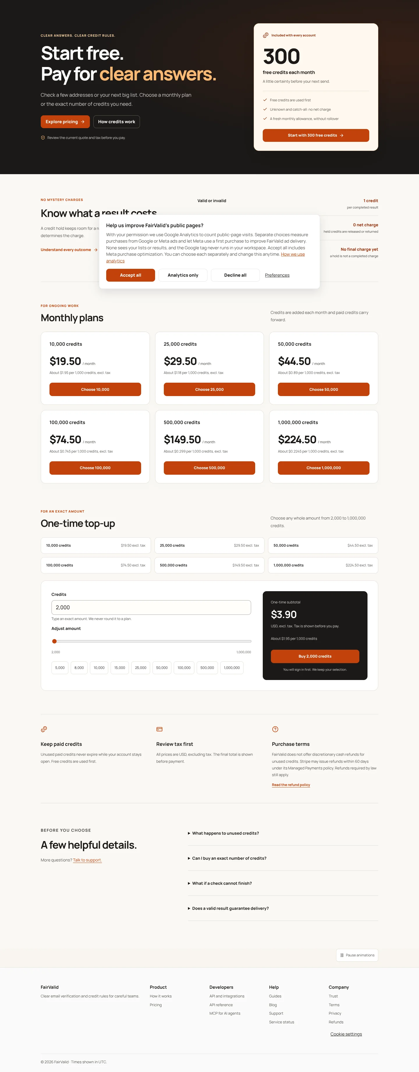 Screenshot: Email verification pricing | FairValid